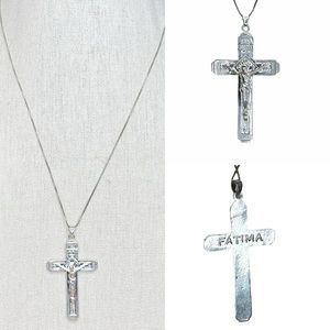 Vintage Fatima Crucifix 925 Sterling Silver Cross INRI Pendant Necklace